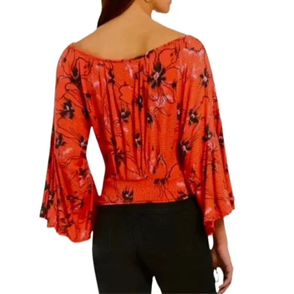 Free People Last Time Floral Blouse Draped Bell Sleeve Wrap Top
